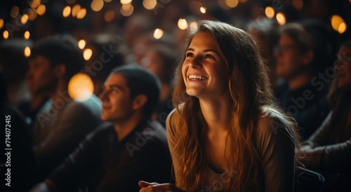 A woman's radiant smile lights up the dark room as she gazes up at her companion, dressed in elegant clothing and surrounded by the warm glow of a flickering candle