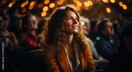 A lone woman, adorned in dark clothing, gazes up at the crowd with a bright smile, standing out amongst the sea of people in an indoor setting