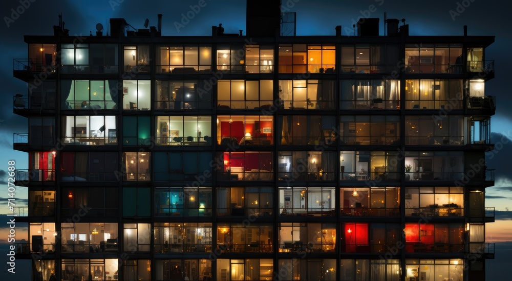 At night, a towering building's windows reflect the bustling city lights, showcasing the architectural beauty and grandeur of its outdoor surroundings At night, a towering building's windows reflect the bustling city lights, showcasing the architectural beauty and grandeur of its outdoor surroundings