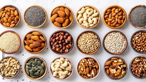Assorted nuts and seeds neatly arranged on a white background, highlighting nutrient-rich superfoods