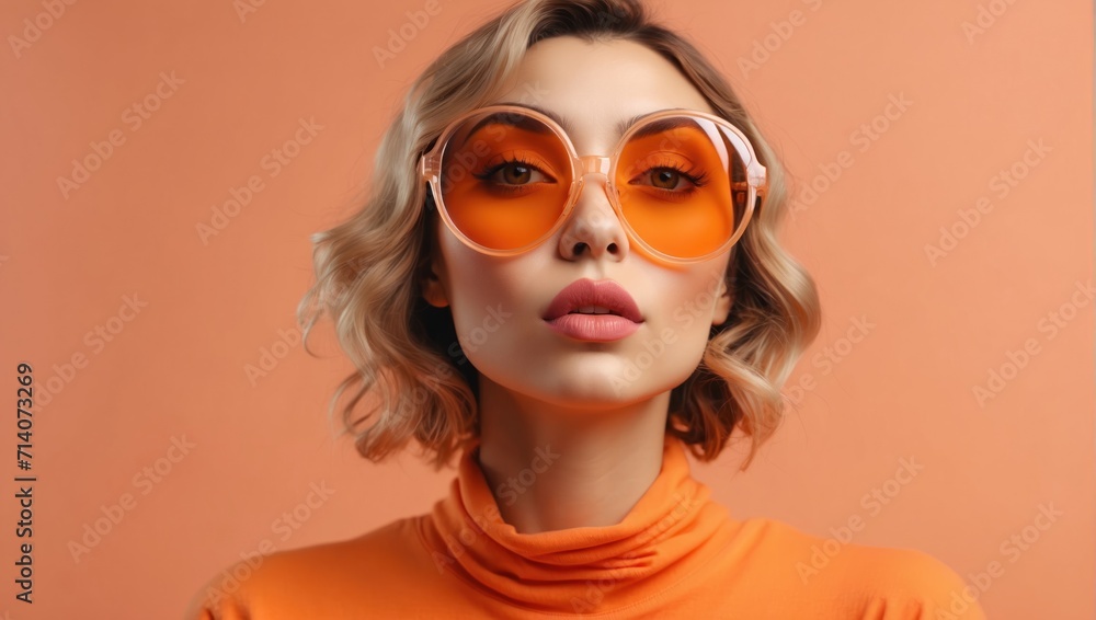  girl in orange sunglasses and orange turtleneck on orange background