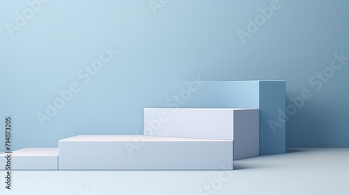 Display product abstract minimal scene with geometric podium platform. Background podium. stand for cosmetic products. Stage showcase on pedestal blue studio. Generative AI © DARIKA
