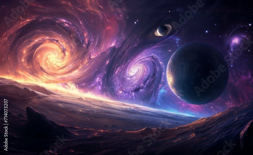 Spacescape of swirling galaxies and planets and stars and auroras, 