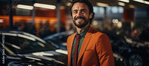 A joyful man in a vibrant orange suit stands confidently next to his sleek car, surrounded by bustling city streets and buildings photo