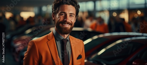 A stylish man in an orange suit stands confidently on the busy street, his neatly groomed beard adding to his impeccable appearance, as he leans against his sleek car with a determined look on his fa