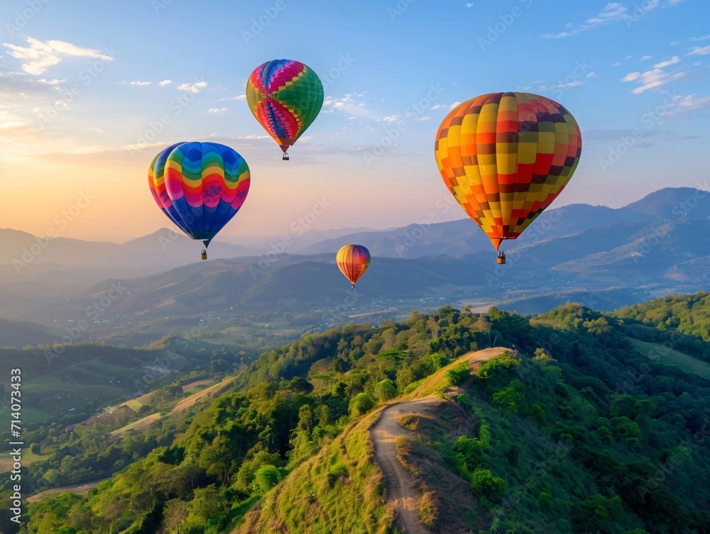 Fototapeta premium Generative AI. Colorful hot air balloons flying over mountain.