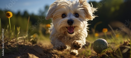 A playful schnoodle puppy happily bounds through the lush green grass  enjoying the freedom and companionship of being an outdoor pet