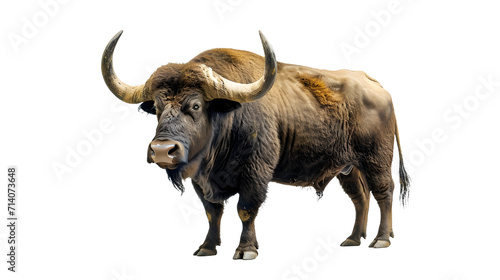 Majestic Bull With Large Horns Standing on White Background