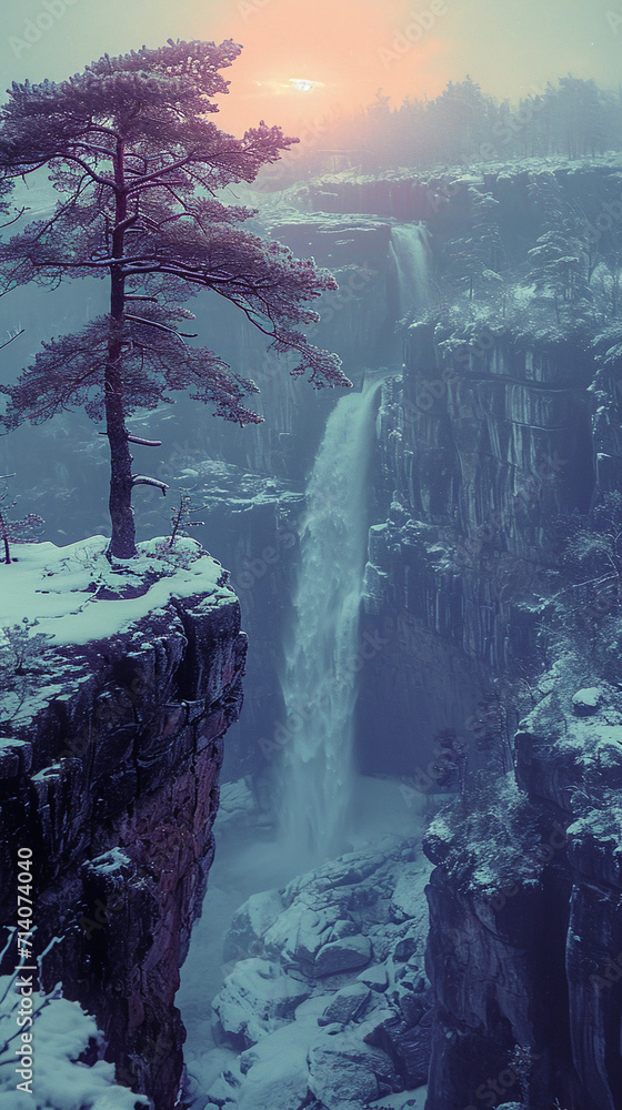 Fotografie snowy landscape with giant ancient trees. AI generative