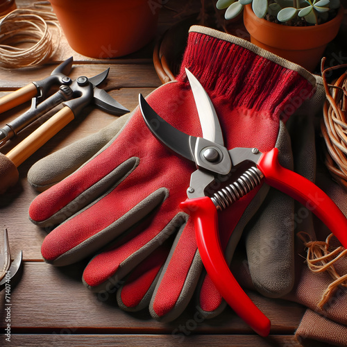 Pair of red gardening gloves and secateurs on wooden table photo
