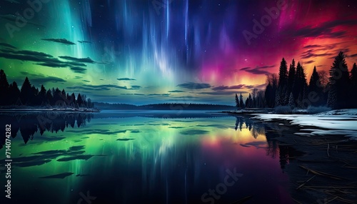 View of night sky with multicolored aurora borealis and snowy mountains peak background. Night glows in vibrant aurora reflection on the lake with forest.  © Virgo Studio Maple
