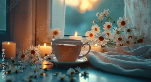 a cup of tea with flowers and candles