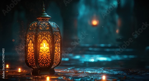 an islamic lantern sitting in a dark, dry, dark room with candles shining on it © ArtCookStudio