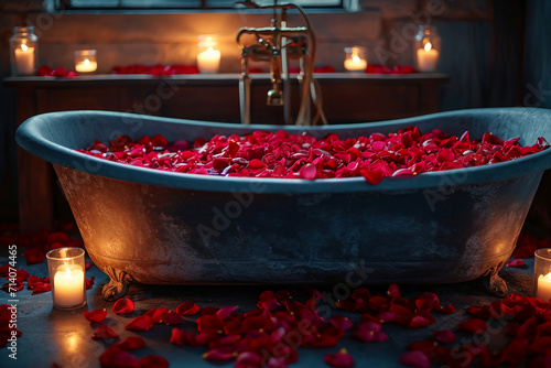 Romantic Rose Petal Bathtub in dark with Candlelight. AI generative photo