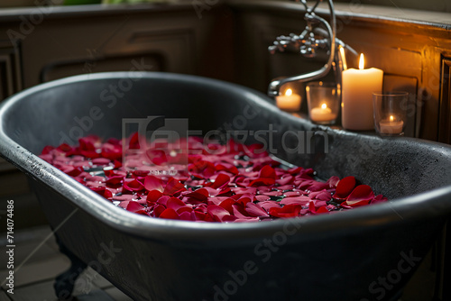 Romantic Rose Petal Bathtub in dark with Candlelight. AI generative