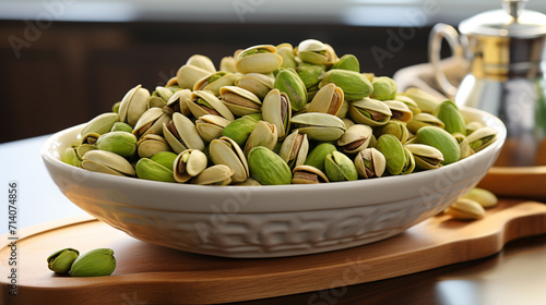 Pistachio nuts in a bowl on a wooden table