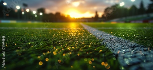 a soccer field in the evening with a line