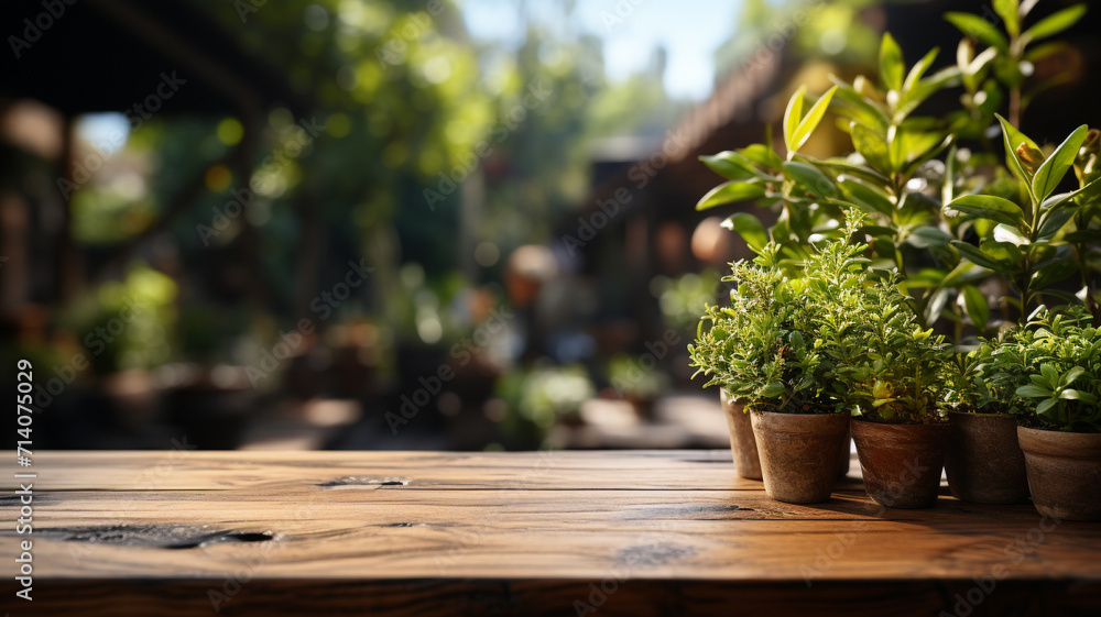The empty wooden table top with a garden blurred background The empty wooden table top with a garden blurred background