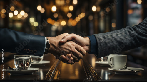 Handshake of business partners. Close-up of the hands of two business people in suits shaking hands.