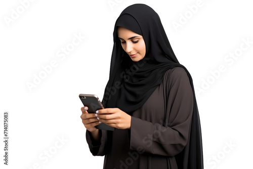 arabian woman using mobile phone isolated on transparent background photo