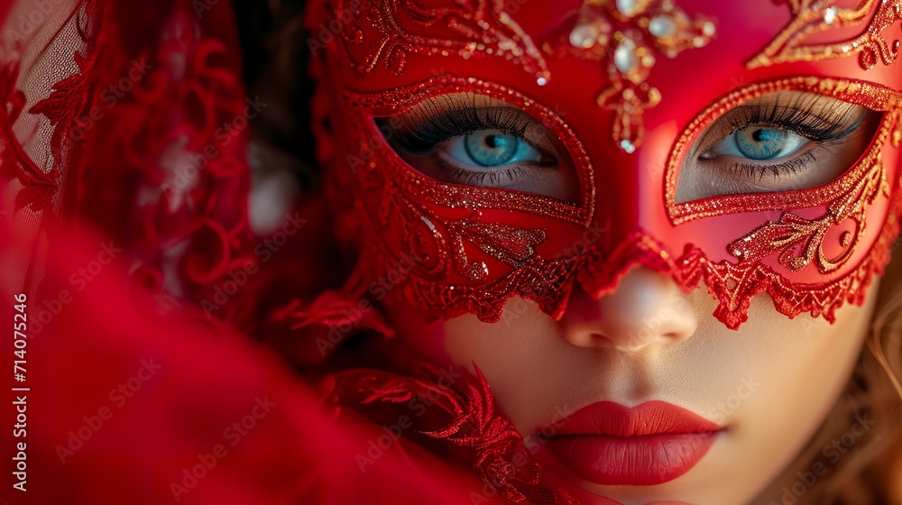 A beautiful young woman wearing a mysterious red Venetian mask showing only part of her face. Woman wearing a mask and red makeup for a costume party.