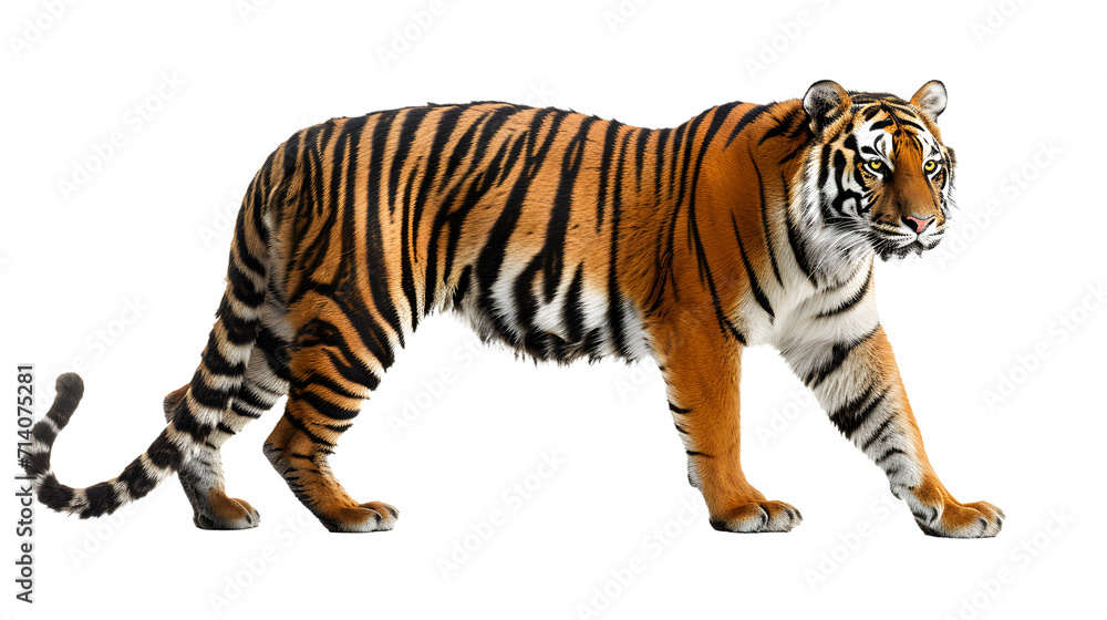 Majestic Tiger Gracefully Crossing a Plain White Space in Stride Majestic Tiger Gracefully Crossing a Plain White Space in Stride