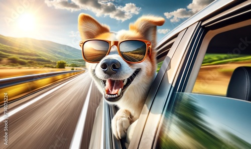 a happy dog with sunglasses on, sticking its head out of a car window, enjoying a ride on a sunny day