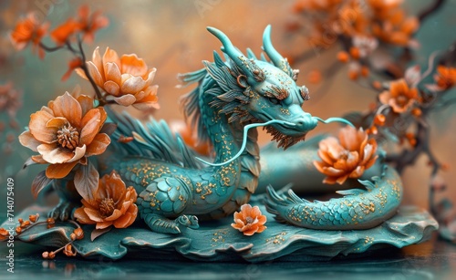 a dragon with flowers on a table © ArtCookStudio