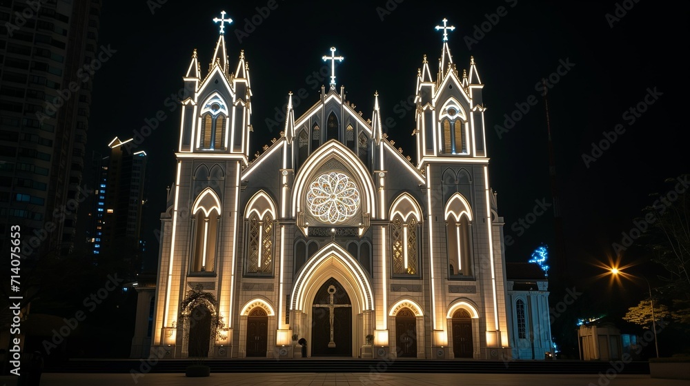 The facade of the Catholic church, a temple at night, illuminated by lanterns