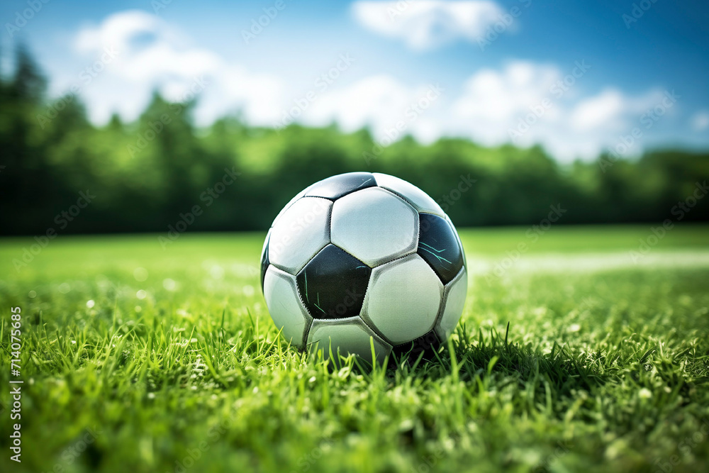 Obraz premium Soccer ball on the green grass field, sport concept, active life background