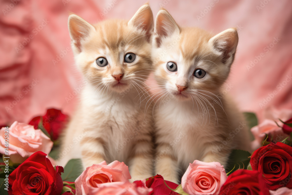 Two Fluffy Orange Tan Kittens Surrounded by Roses, Generative AI