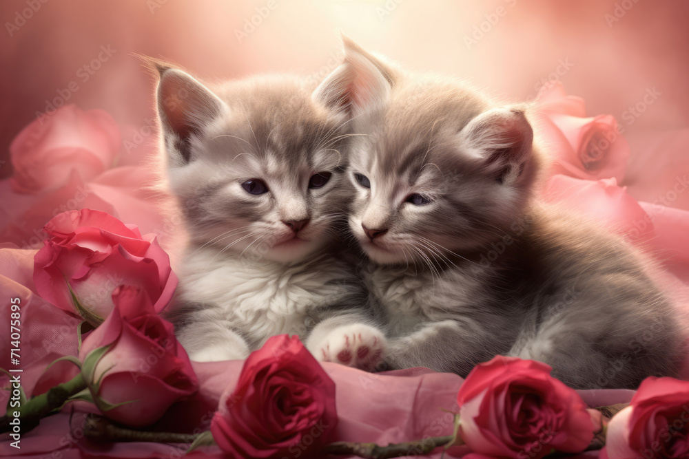 Two Fluffy Grey Cute Kittens Surrounded by Roses, Generative AI