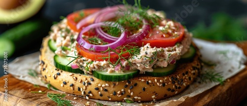 An everything bagel open-faced sandwich, generously topped with tuna salad, slices of ripe tomato, crisp cucumber, and purple onion rings, garnished with fresh dill,