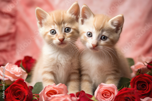 Obraz na płótnie Two Fluffy Orange Tan Kittens Surrounded by Roses, Generative AI w salonie
