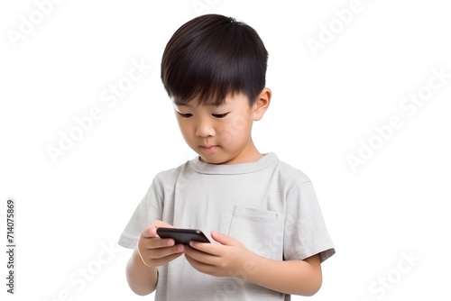asian child boy browsing on mobile phone isolated on transparent background
