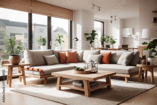 scandinavian interior home design of modern living room with sofa and wooden table with wooden furniture near the window