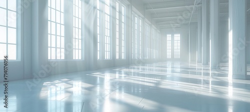 an empty white room with windows and a light reflection