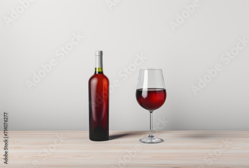 a glass with red wine and a bottle against white background