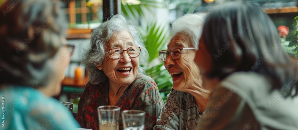 Senior women having a joyful reunion at a cafe, discussing retirement and enjoying each other's company. Senior women having a joyful reunion at a cafe, discussing retirement and enjoying each other's company.