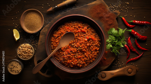 A bowl of hearty, spiced rice and lentils, a staple dish for many Muslims during Ramadan photo