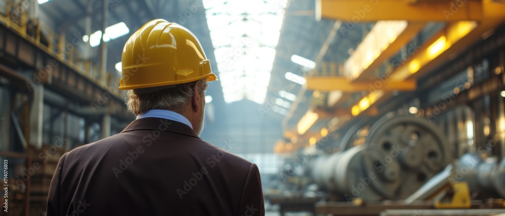 businessman looking at machinery in an industry factory businessman looking at machinery in an industry factory