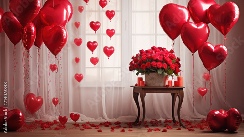 Valentines Day Ambiance with Bouquet Red Roses, Candles and Heart Balloons