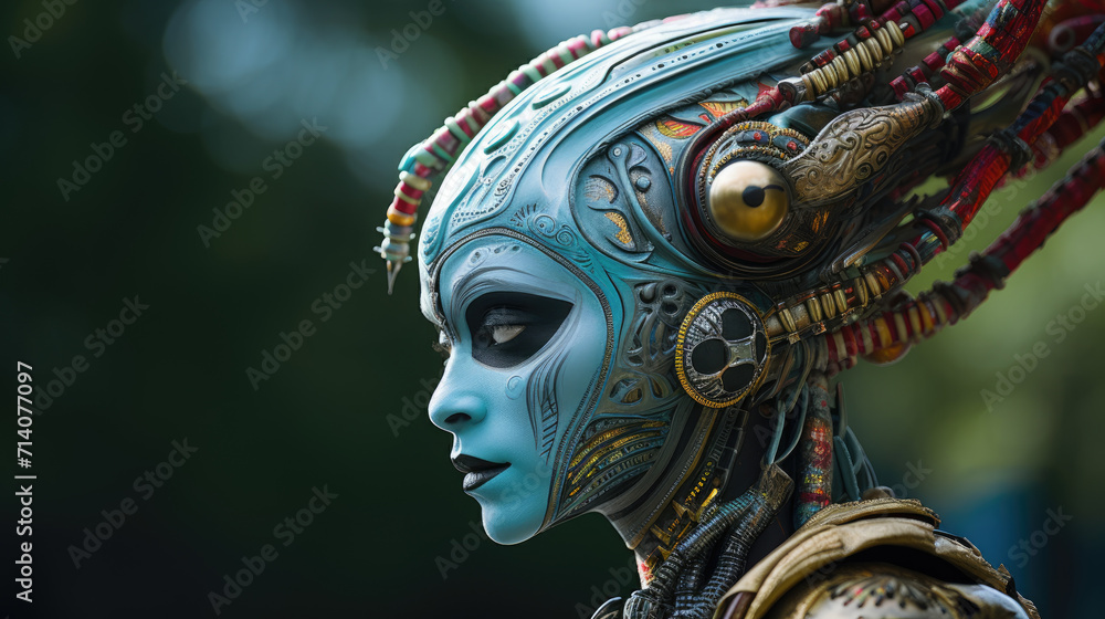 Alien with blue face and futuristic clothing, side angle visual. Generative ai