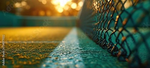 Fényképezés close up of green tennis court with white lines and netting at sunrise