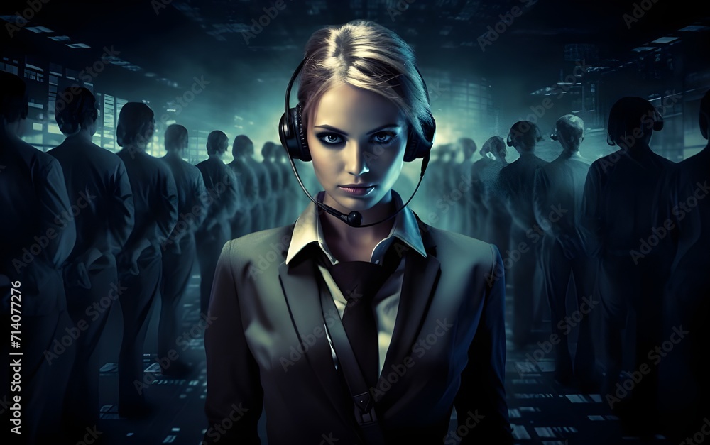Fotografia Woman wearing headphones with call center gang, online scammers