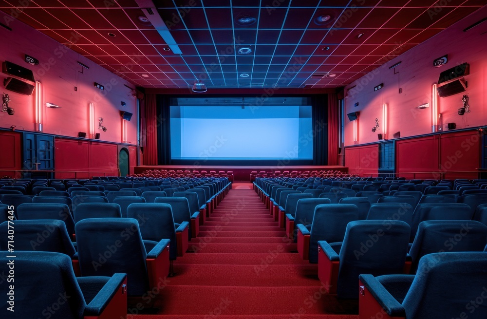 an empty cinema seating area with a screen an empty cinema seating area with a screen