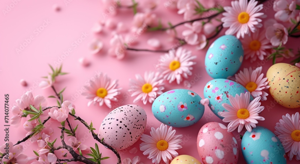 colorful easter decorations on a pink background