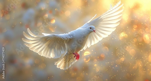 a white dove flying through the sky against a bright background © ArtCookStudio