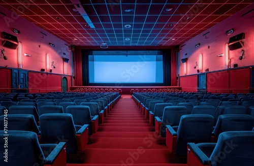 an empty cinema seating area with a screen