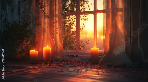 candles near a window in a room with curtains © ArtCookStudio